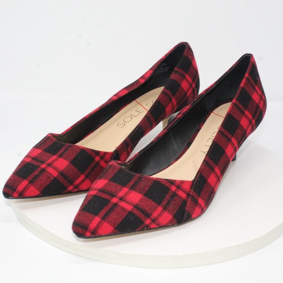 Sole Society Womens Sz 9.5M Desi Red Black Buffalo Plaid Slip On Kitten Heels - Picture 4 of 9